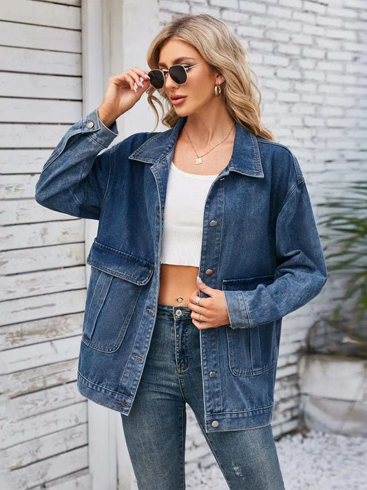 Button Up Long Sleeve Denim Jacket - Trendsi - Flyclothing LLC