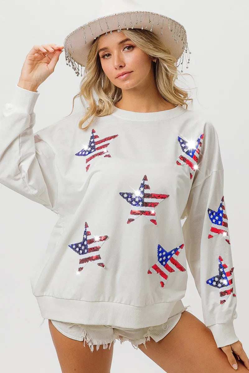 BiBi American Flag Sequin Star Sweatshirt - Trendsi - Flyclothing LLC