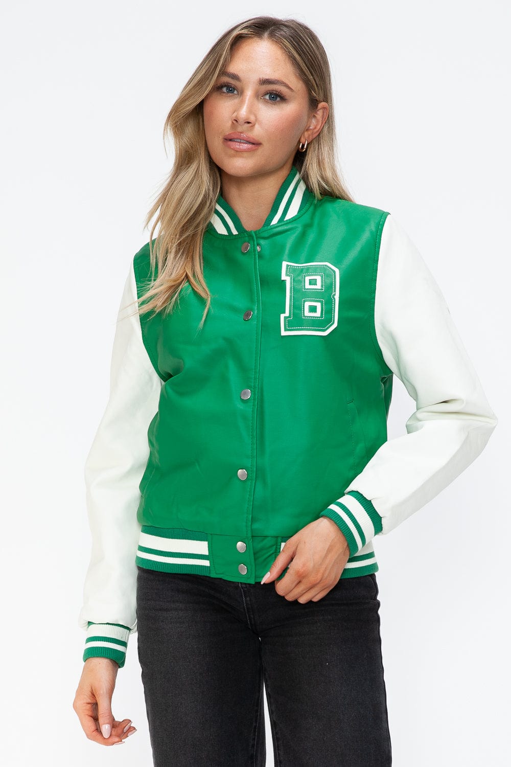 Love Me Now PU Leather Contrast Snap Down Bomber Jacket - Trendsi