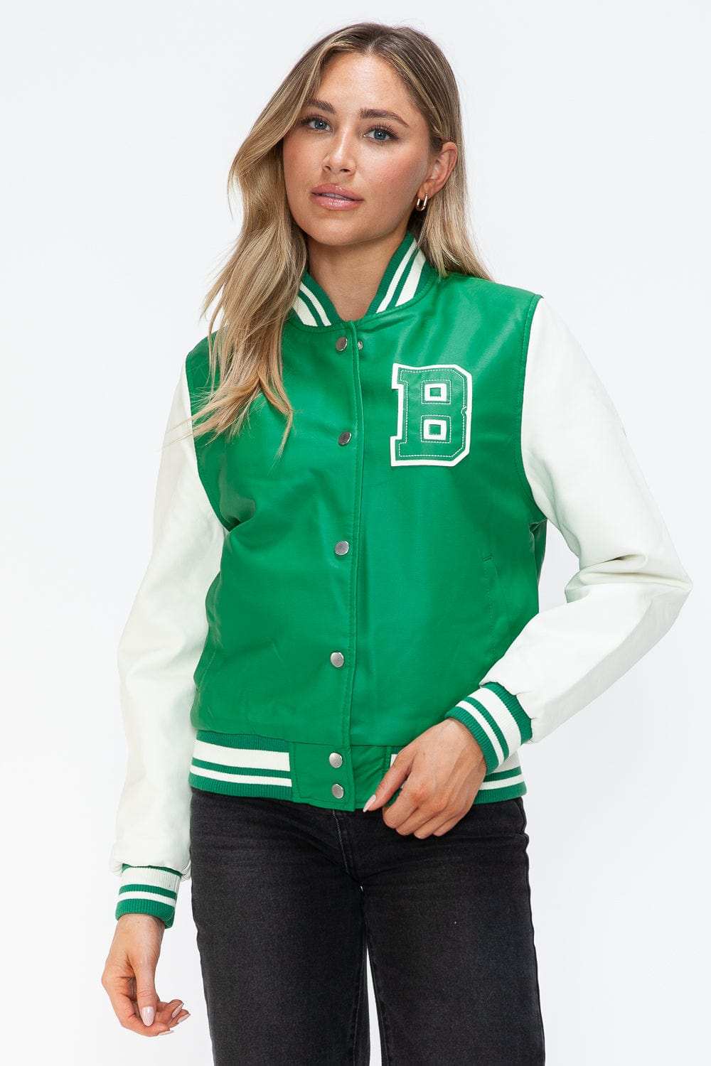 Love Me Now PU Leather Contrast Snap Down Bomber Jacket - Trendsi - Flyclothing LLC
