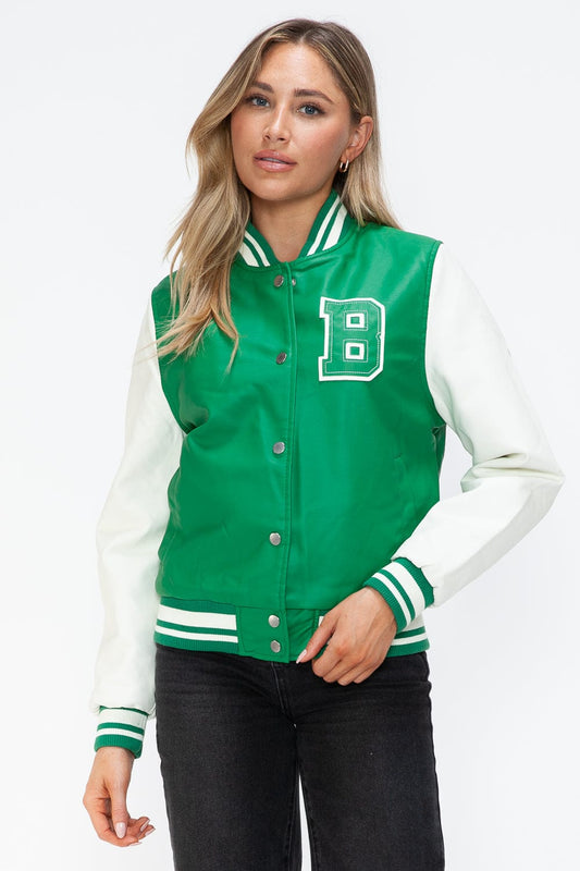 Love Me Now PU Leather Contrast Snap Down Bomber Jacket - Trendsi