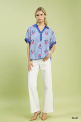 Umgee Stripe Embroidered Button-Front Boho Blouse - Trendsi - Flyclothing LLC