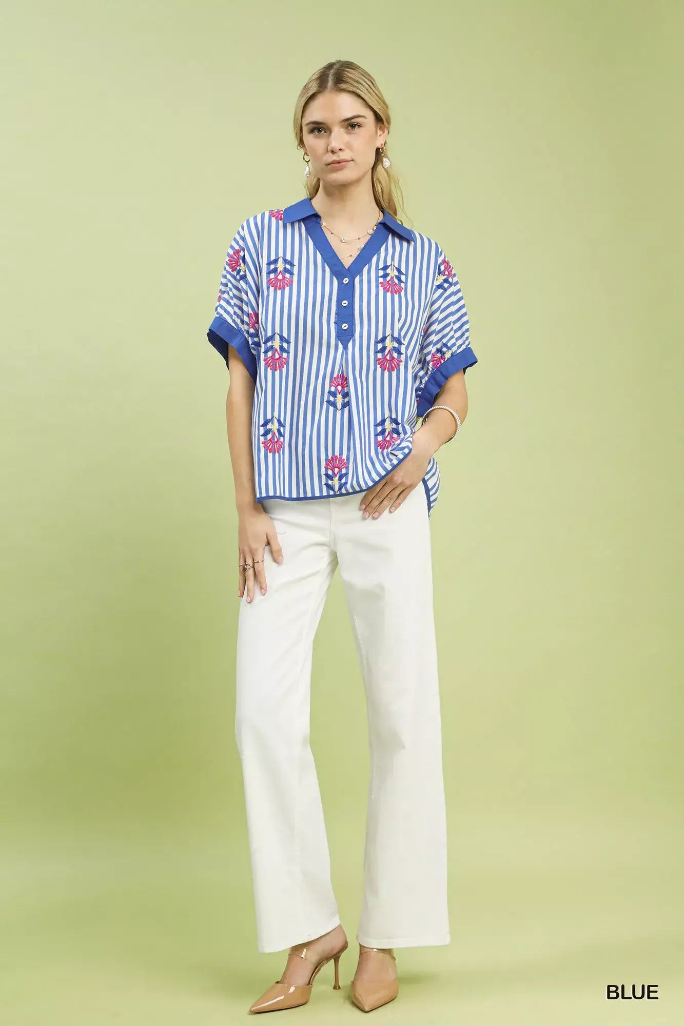 Umgee Stripe Embroidered Button-Front Boho Blouse - Trendsi - Flyclothing LLC