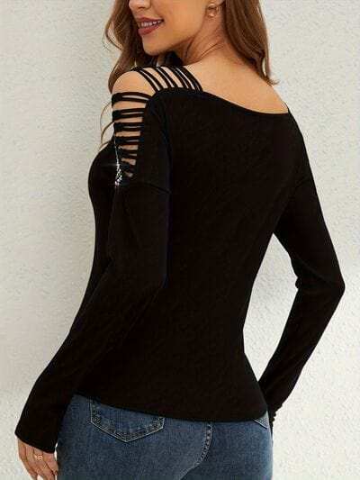 Rhinestone Cutout Long Sleeve T-Shirt - Trendsi - Flyclothing LLC