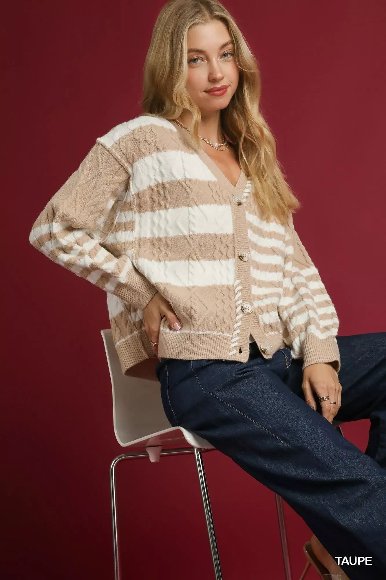 Umgee Cable-Knit Stripe Button-Up Cardigan - Trendsi - Flyclothing LLC
