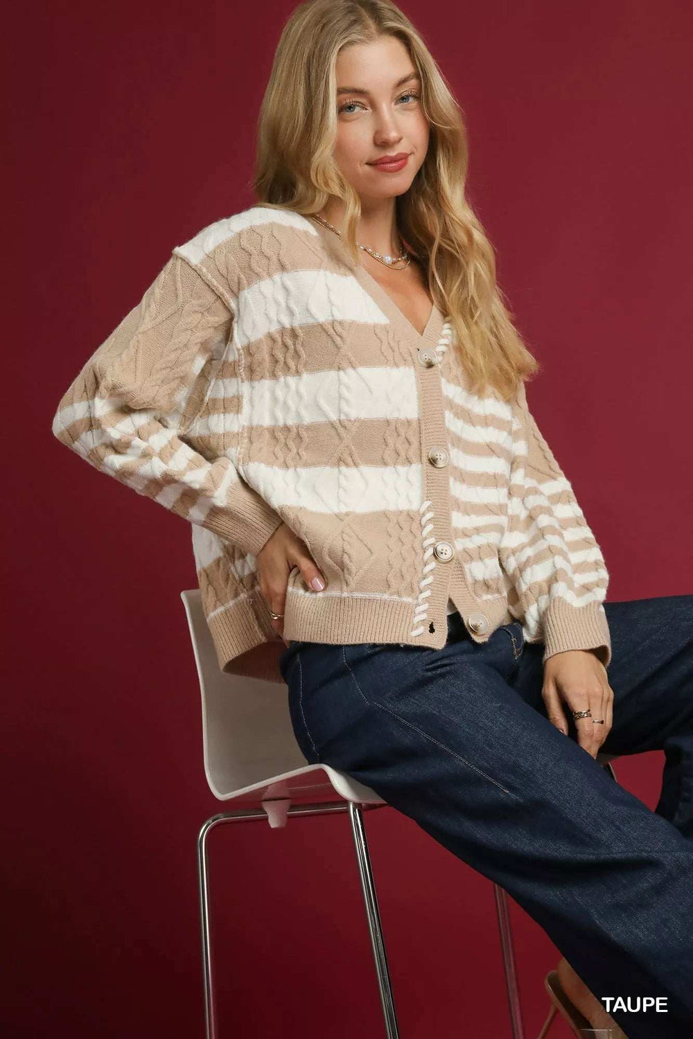 Umgee Cable-Knit Stripe Button-Up Cardigan - Trendsi - Flyclothing LLC