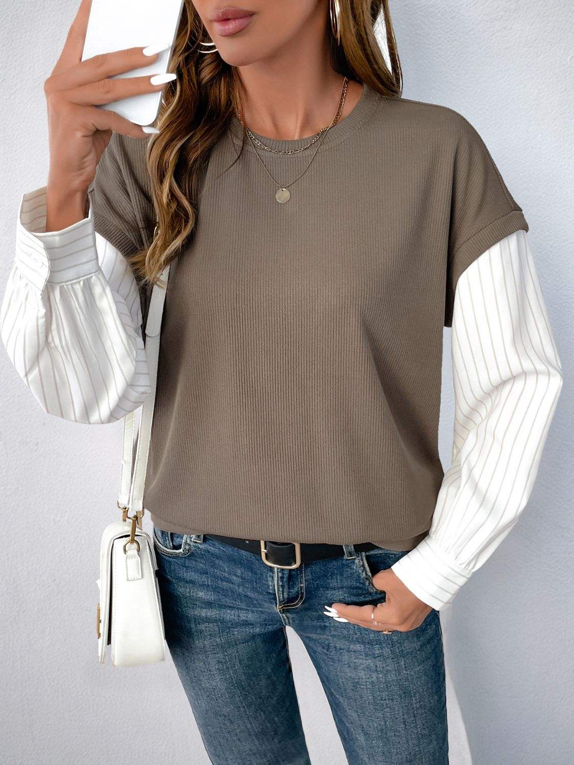 Perfee Round Neck Striped Sleeve Sweatshirt - Trendsi - Flyclothing LLC