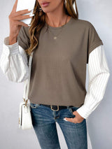Perfee Round Neck Striped Sleeve Sweatshirt - Trendsi - Flyclothing LLC