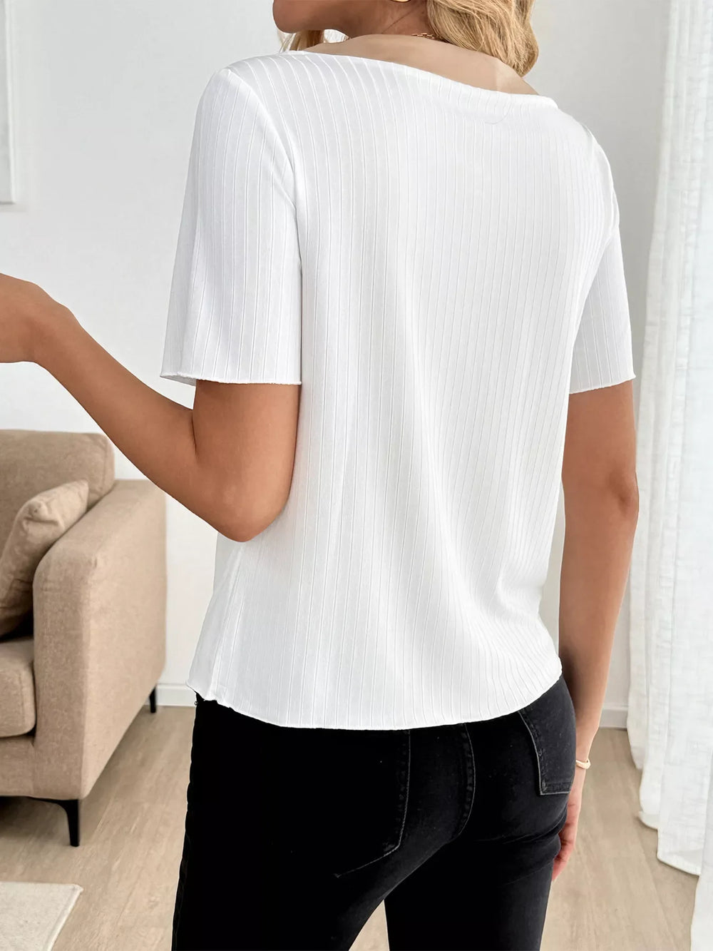 Decor Button Round Neck Short Sleeve Blouse - Trendsi - Flyclothing LLC