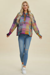 Double Take Full Size Plaid Dropped Shoulder Hoodie - Trendsi