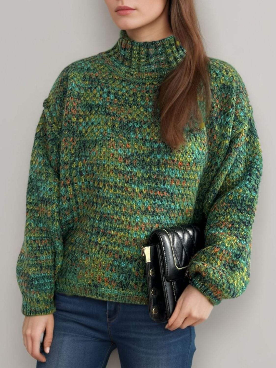 Heathered Turtleneck Dropped Shoulder Sweater - Trendsi - Flyclothing LLC