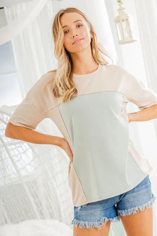 Heimish Full Size Contrast Round Neck Short Sleeve T-Shirt Plus Size - Trendsi - Flyclothing LLC