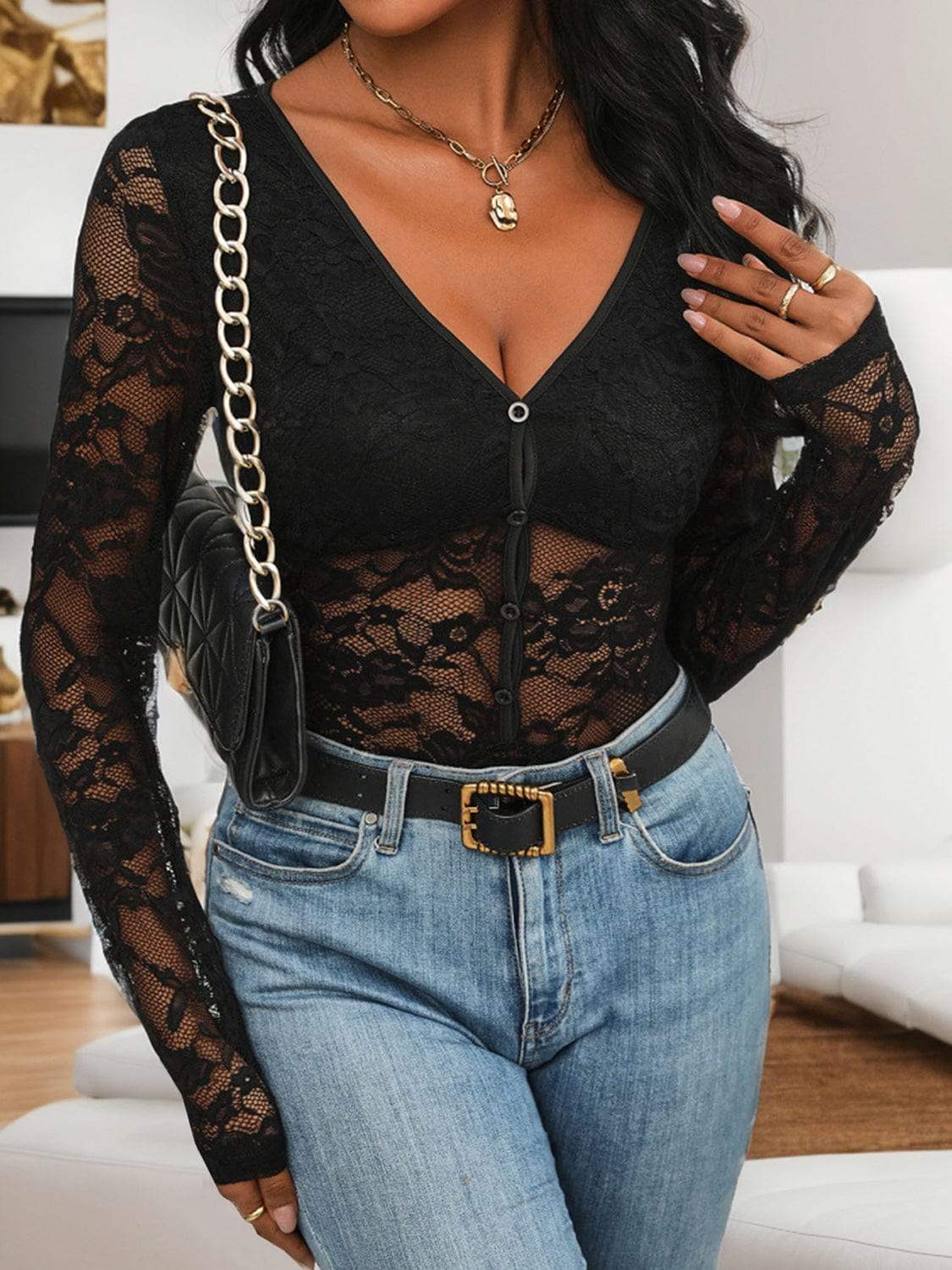 Lace V-Neck Long Sleeve Bodysuit - Trendsi - Flyclothing LLC