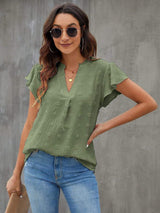 Swiss Dot Notched Cap Sleeve Blouse - Trendsi - Flyclothing LLC