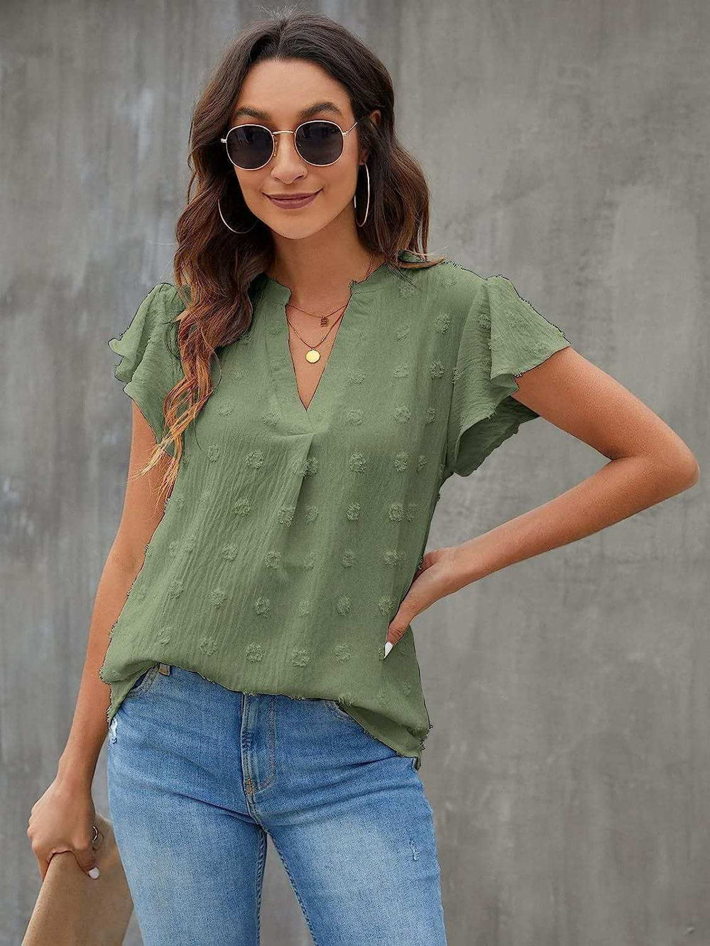 Swiss Dot Notched Cap Sleeve Blouse - Trendsi - Flyclothing LLC