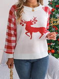 Reindeer Plaid Round Neck Long Sleeve Sweater - Trendsi