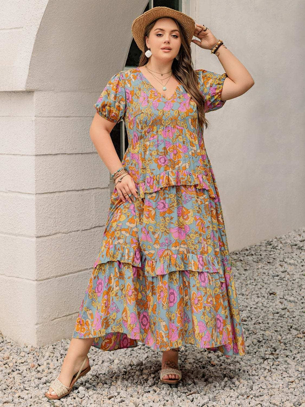 Plus Size Printed V-Neck Short Sleeve Maxi Dress - Trendsi - Flyclothing LLC