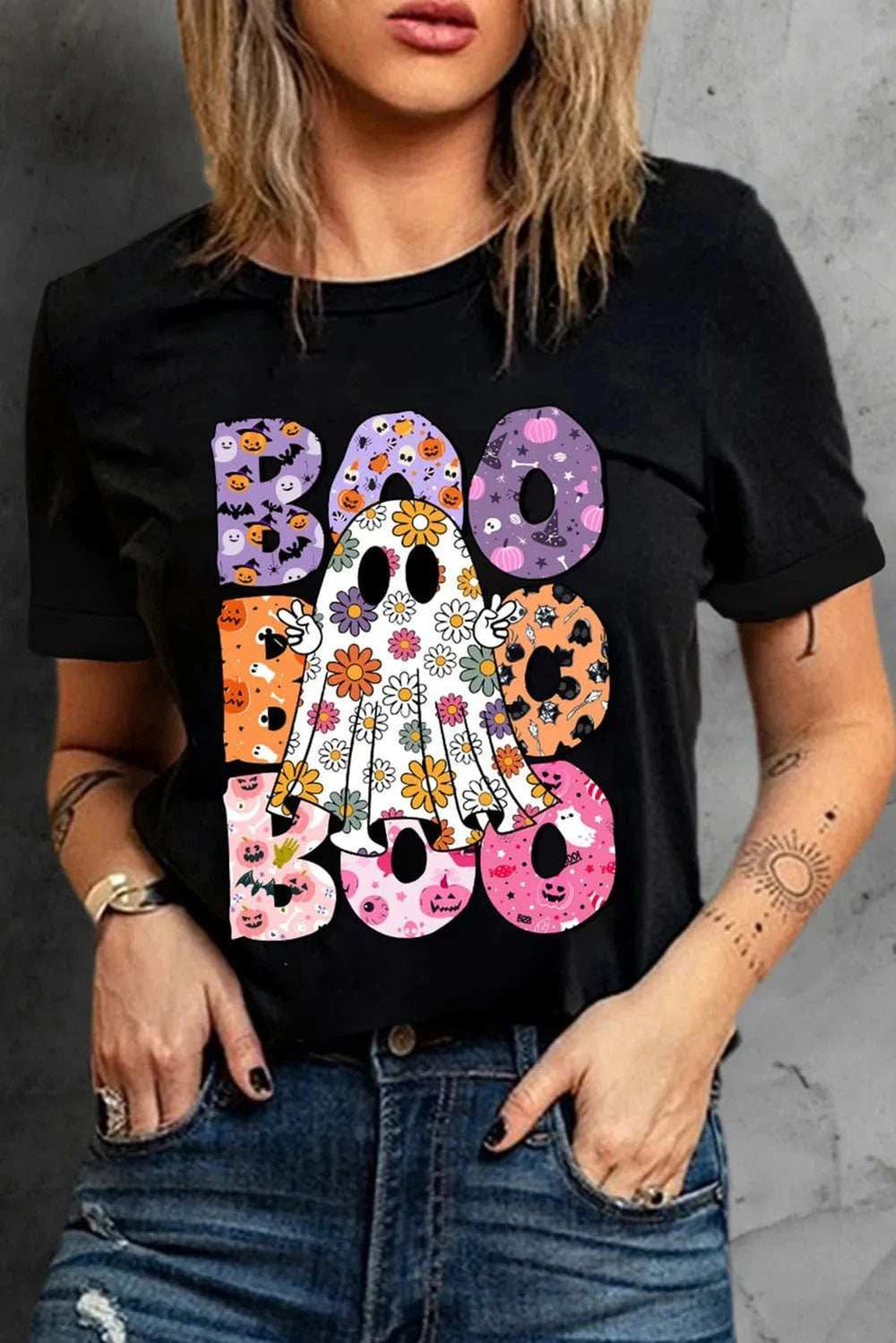BOO Ghost Graphic Round Neck Short Sleeve T-Shirt - Trendsi - Flyclothing LLC