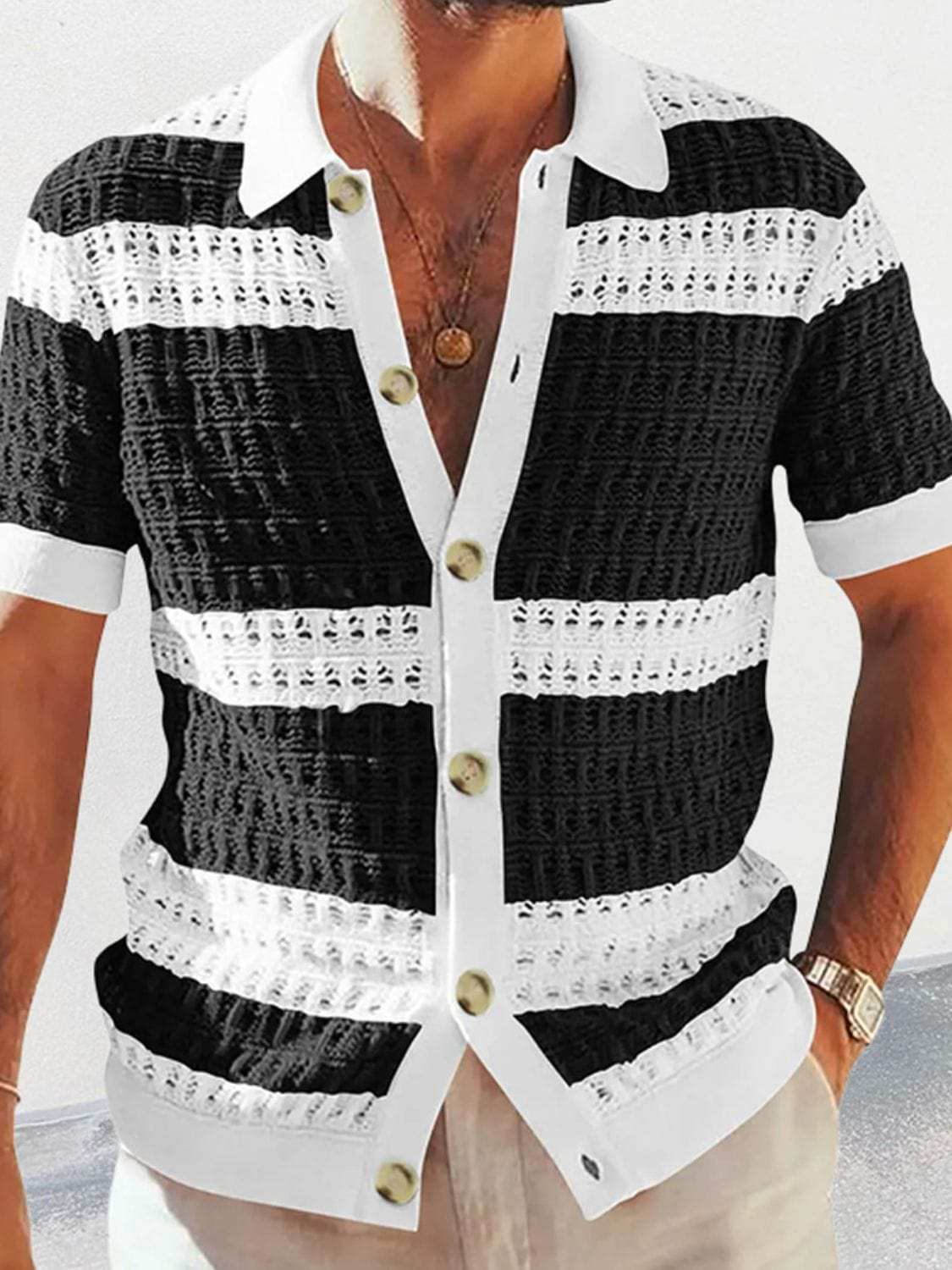 Men's Button Down Collared Neck Contrast Openwork Shirt - Trendsi - Flyclothing LLC