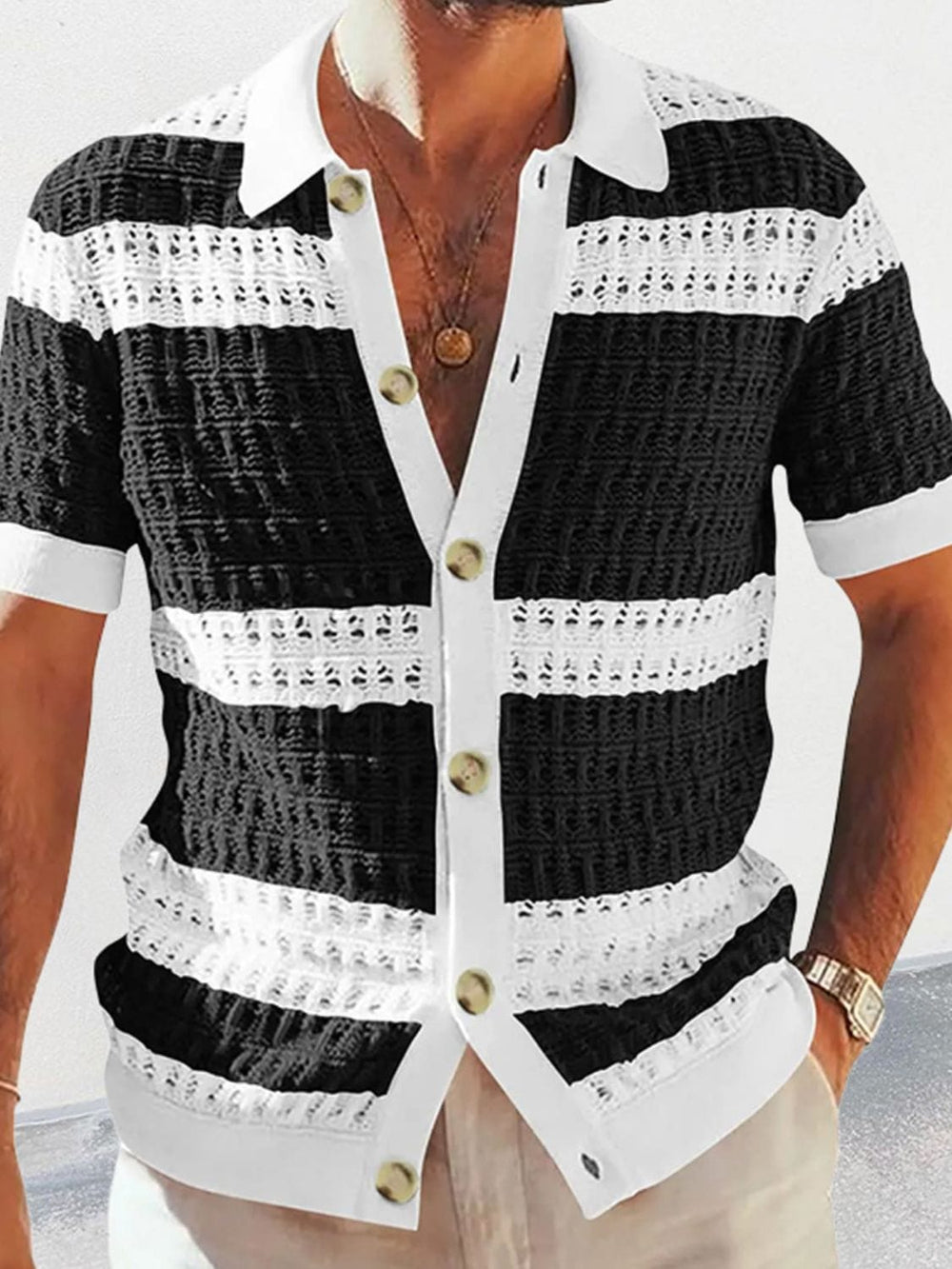 Men's Button Down Collared Neck Contrast Openwork Shirt - Trendsi