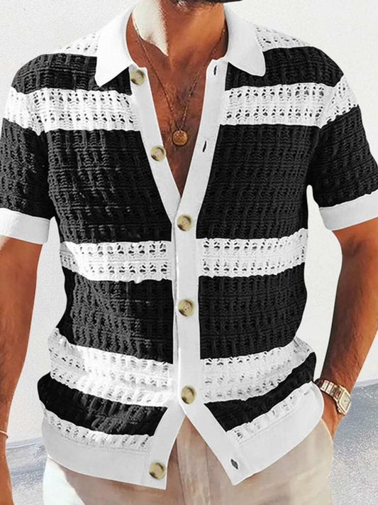 Men's Button Down Collared Neck Contrast Openwork Shirt - Trendsi - Flyclothing LLC