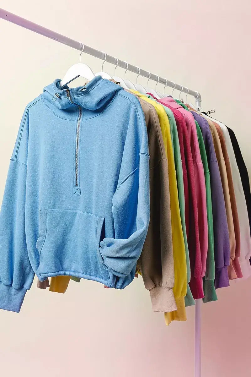 BiBi Stitch Detailed Elastic Hem Half Zip Fleece Hoodie - Trendsi - Flyclothing LLC