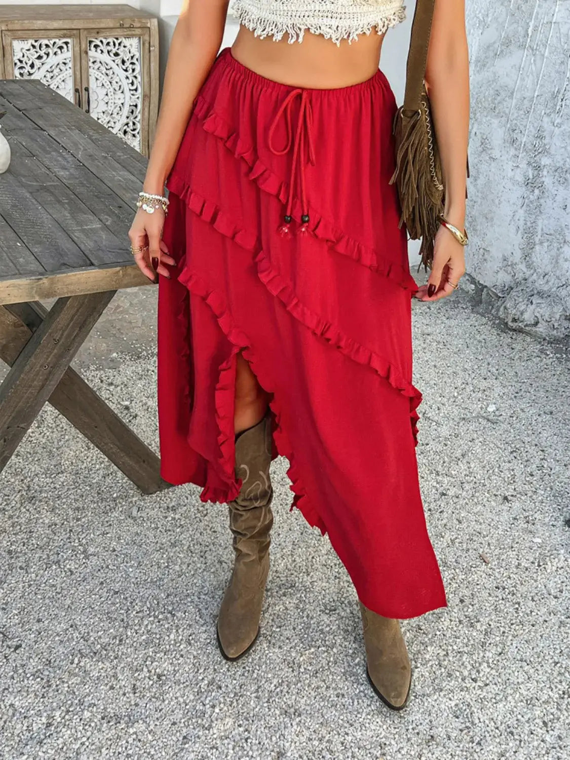 Devine Slit Drawstring Ruffled Skirt - Trendsi - Flyclothing LLC