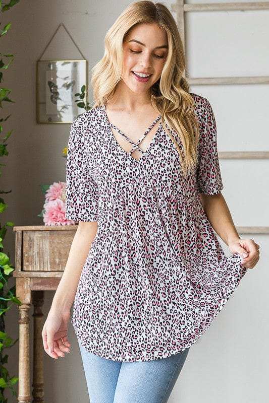 Heimish Full Size Short Sleeve Crisscross Animal Babydoll Top Plus Size - Trendsi - Flyclothing LLC