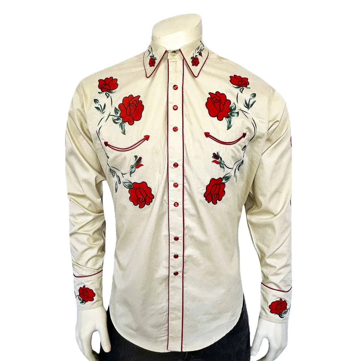 Rockmount Ranch Ware Menâ s Vintage Khaki Crochet Rose Embroidered We ...