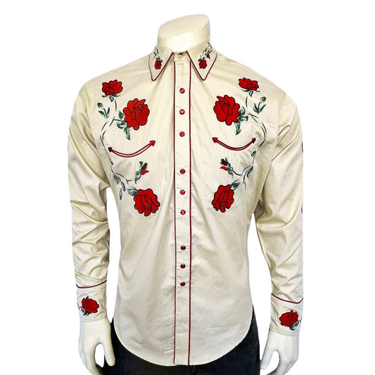 Rockmount Ranch Ware Menâs Vintage Khaki Crochet Rose Embroidered Western Shirt - Rockmount Clothing - Flyclothing LLC