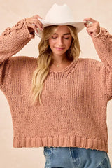 BiBi Chunky Knit Sweater with Flower Detail Sleeves - Trendsi - Flyclothing LLC