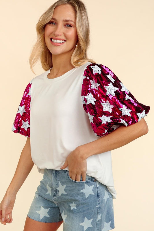 Haptics Star Sequin Bubble Short Sleeve Top - Trendsi