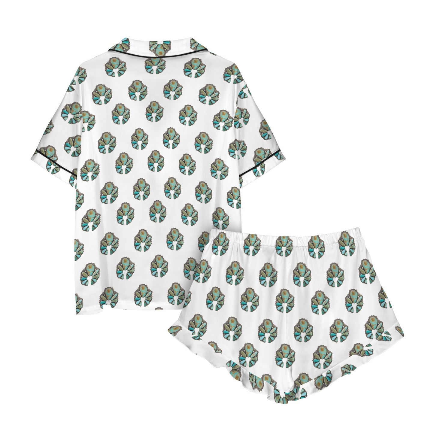 Baha Ranch Turquoise Naja White Satin Ruffle Pajama Set
