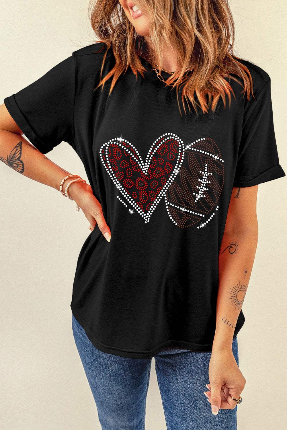 Rhinestone Round Neck Short Sleeve T-Shirt - Trendsi - Flyclothing LLC