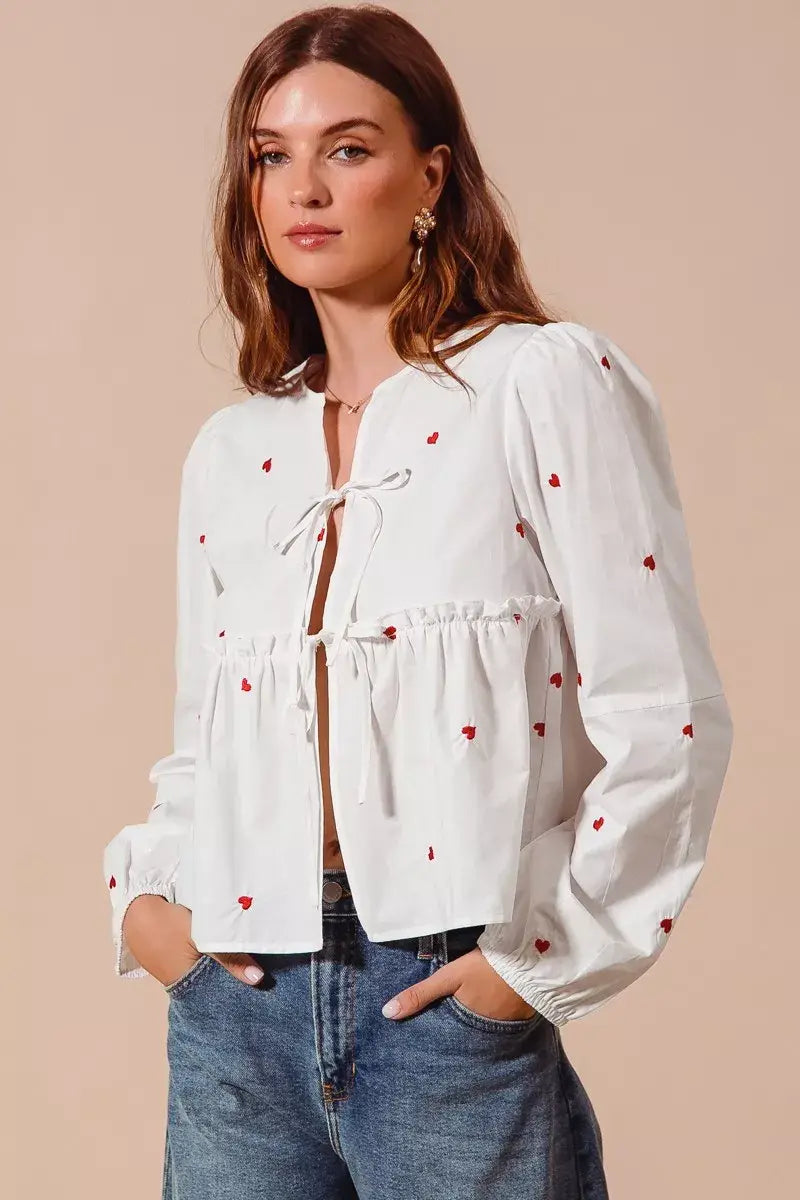 SO ME Front Tie Heart Embroidered Blouse With Puff Sleeve - Trendsi - Flyclothing LLC