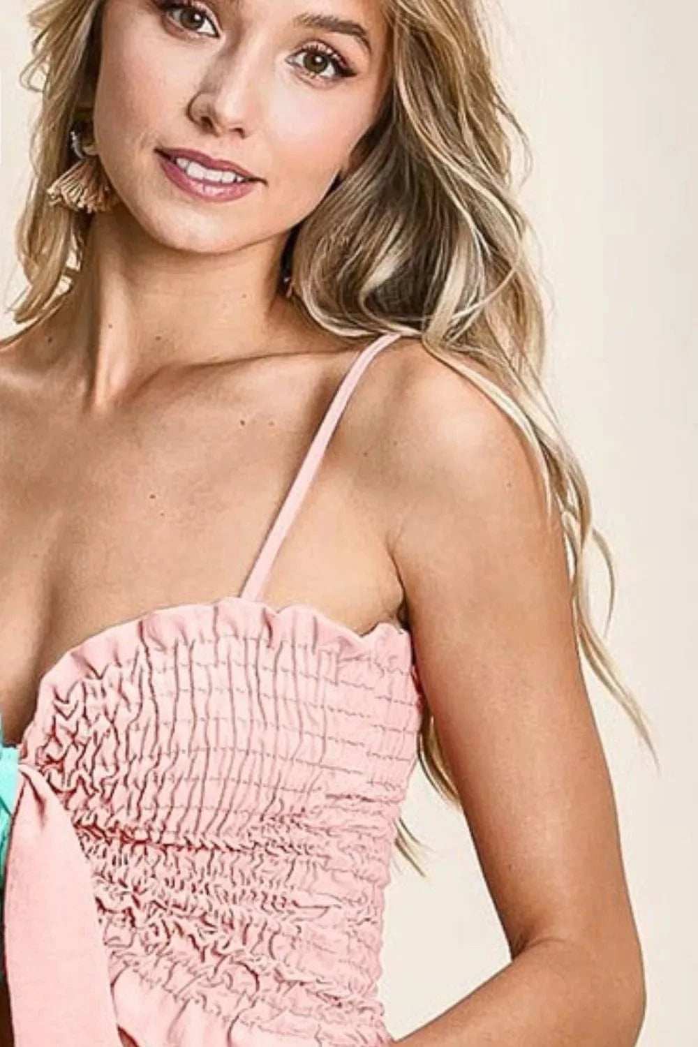 BiBi Woven Color Block Smocked with Ribbon Bra Top - Trendsi - Flyclothing LLC