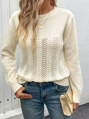 Openwork Round Neck Long Sleeve Sweater - Trendsi
