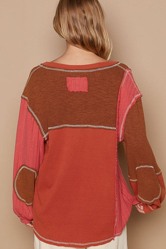 POL V-Neck Knit Panel Exposed Seam Top - Trendsi