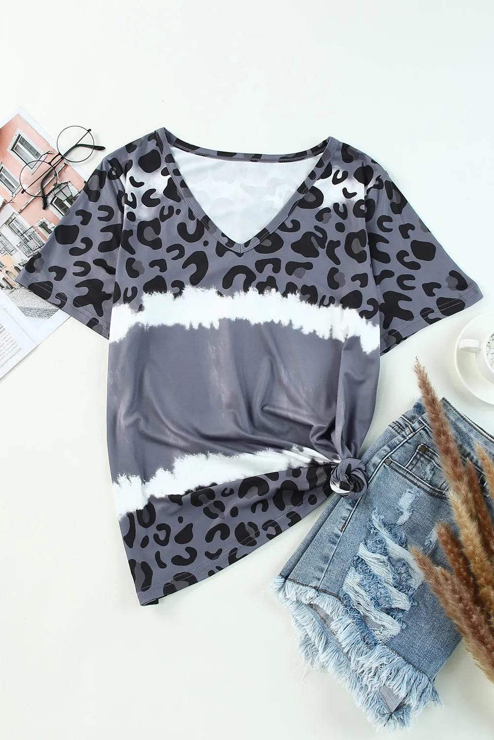 Leopard V-Neck Short Sleeve T-Shirt - Trendsi - Flyclothing LLC