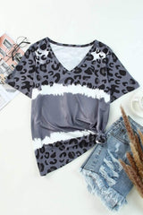 Leopard V-Neck Short Sleeve T-Shirt - Trendsi - Flyclothing LLC