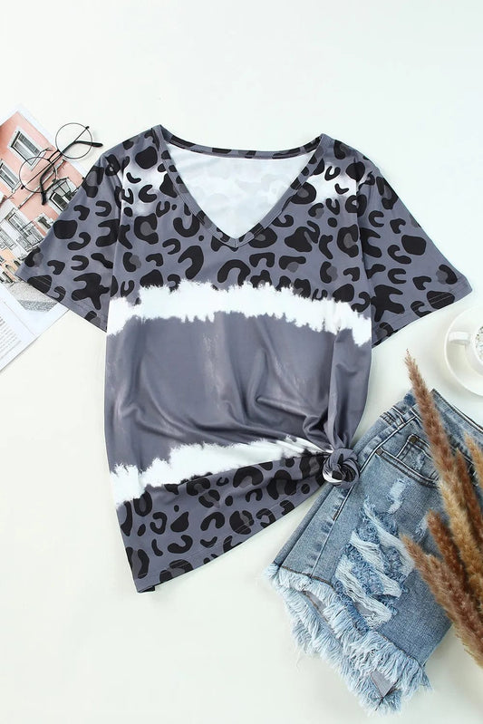 Leopard V-Neck Short Sleeve T-Shirt - Trendsi