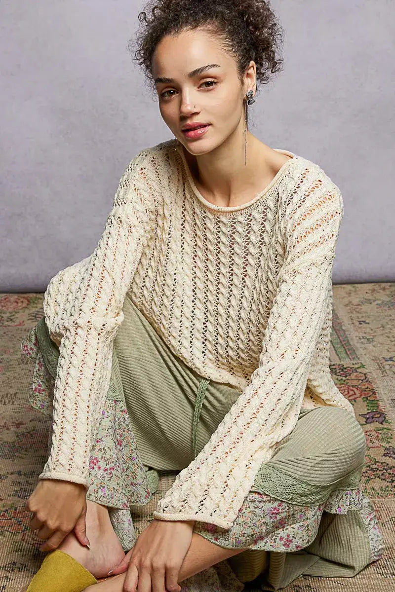 POL Openwork Round Neck Knit Top with Shiny Detail - Trendsi - Flyclothing LLC