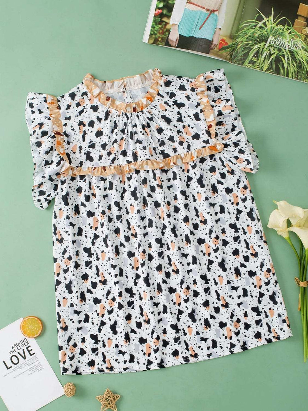 Ruffled Printed Mock Neck Cap Sleeve Blouse - Trendsi - Flyclothing LLC