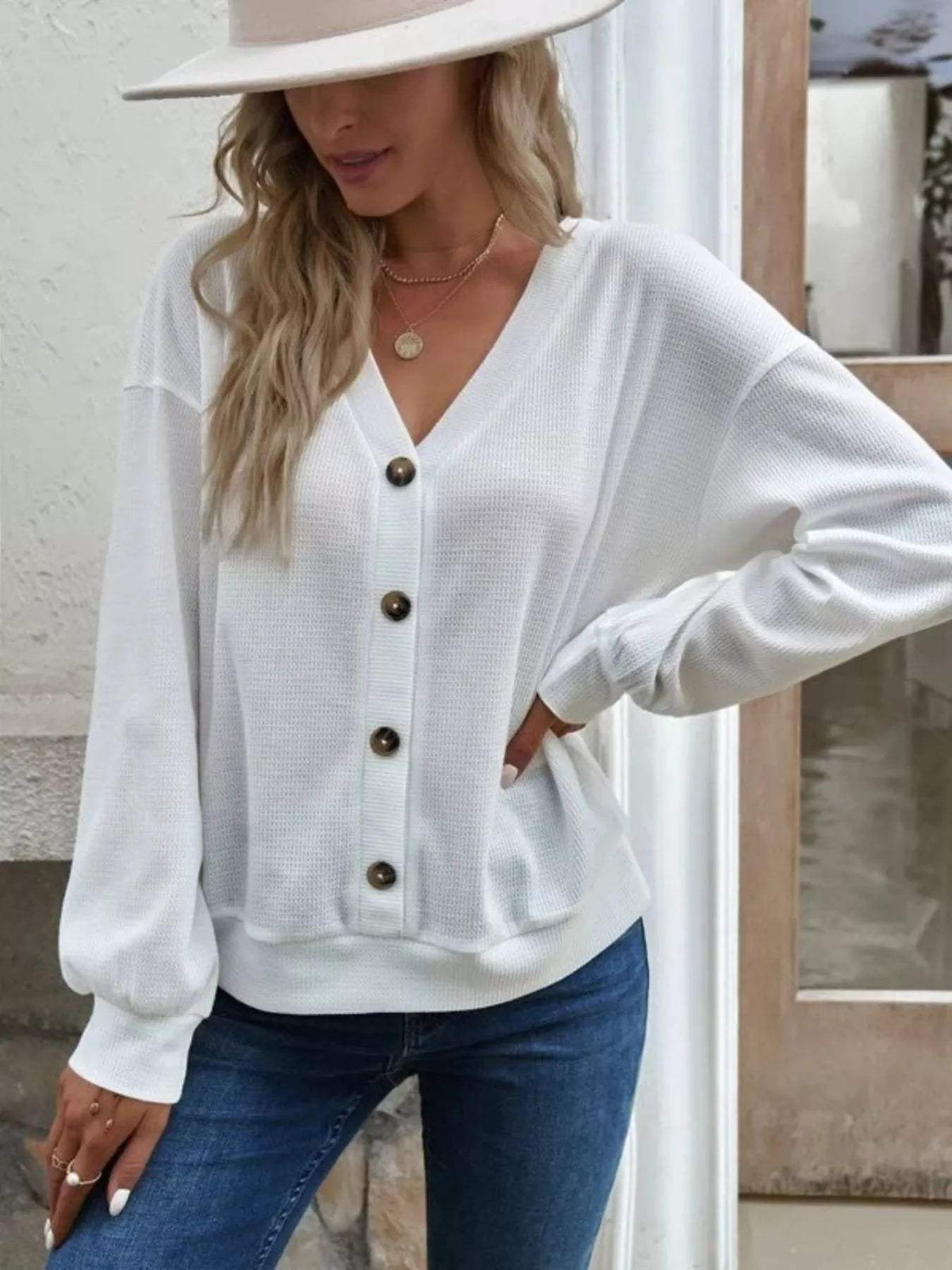 Casual V-Neck Waffle Long Sleeve Top - Trendsi - Flyclothing LLC