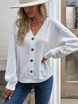 Casual V-Neck Waffle Long Sleeve Top - Trendsi - Flyclothing LLC