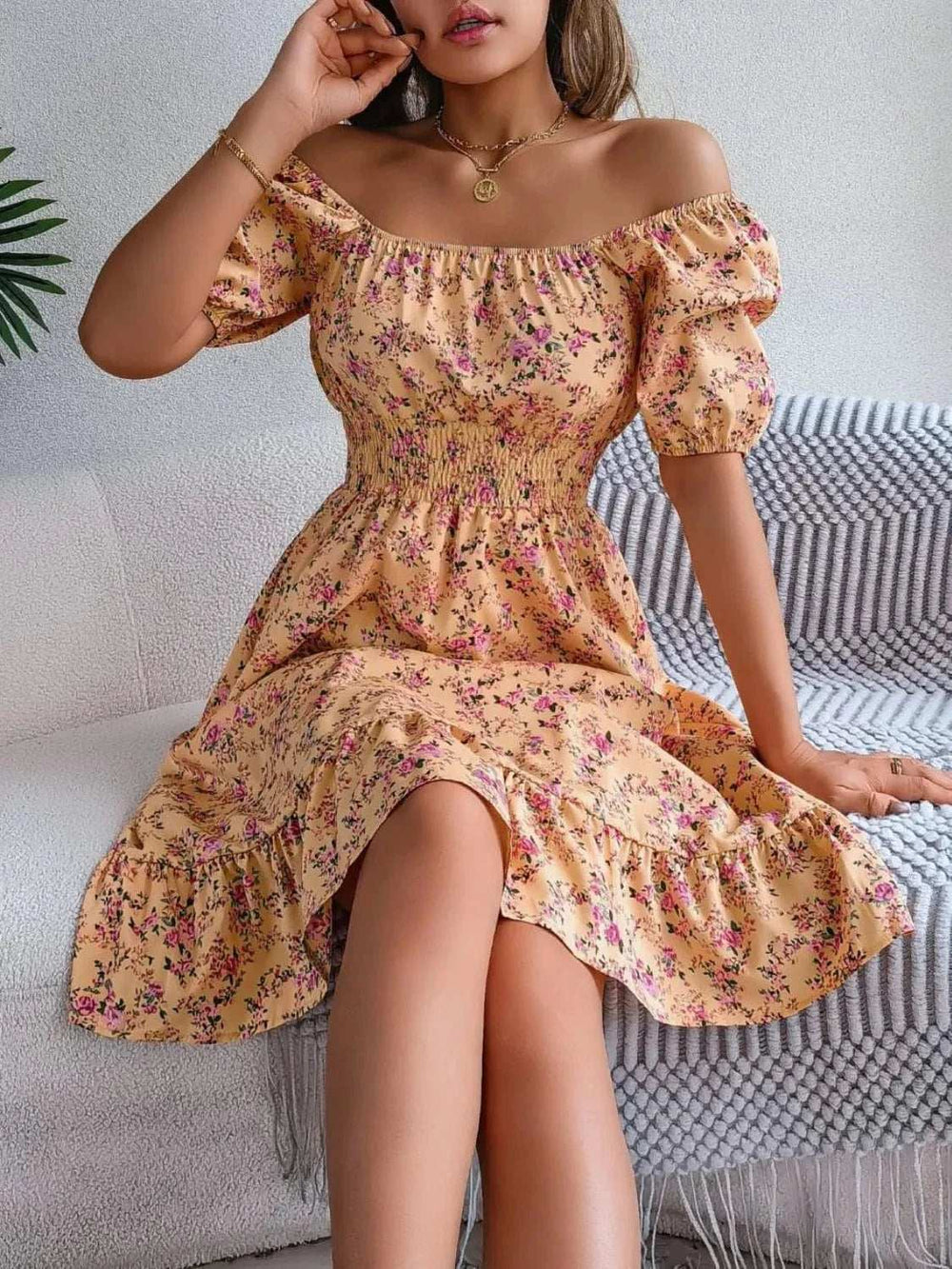 Ruffled Hem Floral Puff Sleeve Dress - Trendsi - Flyclothing LLC