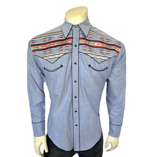 Rockmount Ranch Ware Menâs Blue Serape Chambray Embroidered Western Shirt - Rockmount Clothing - Flyclothing LLC
