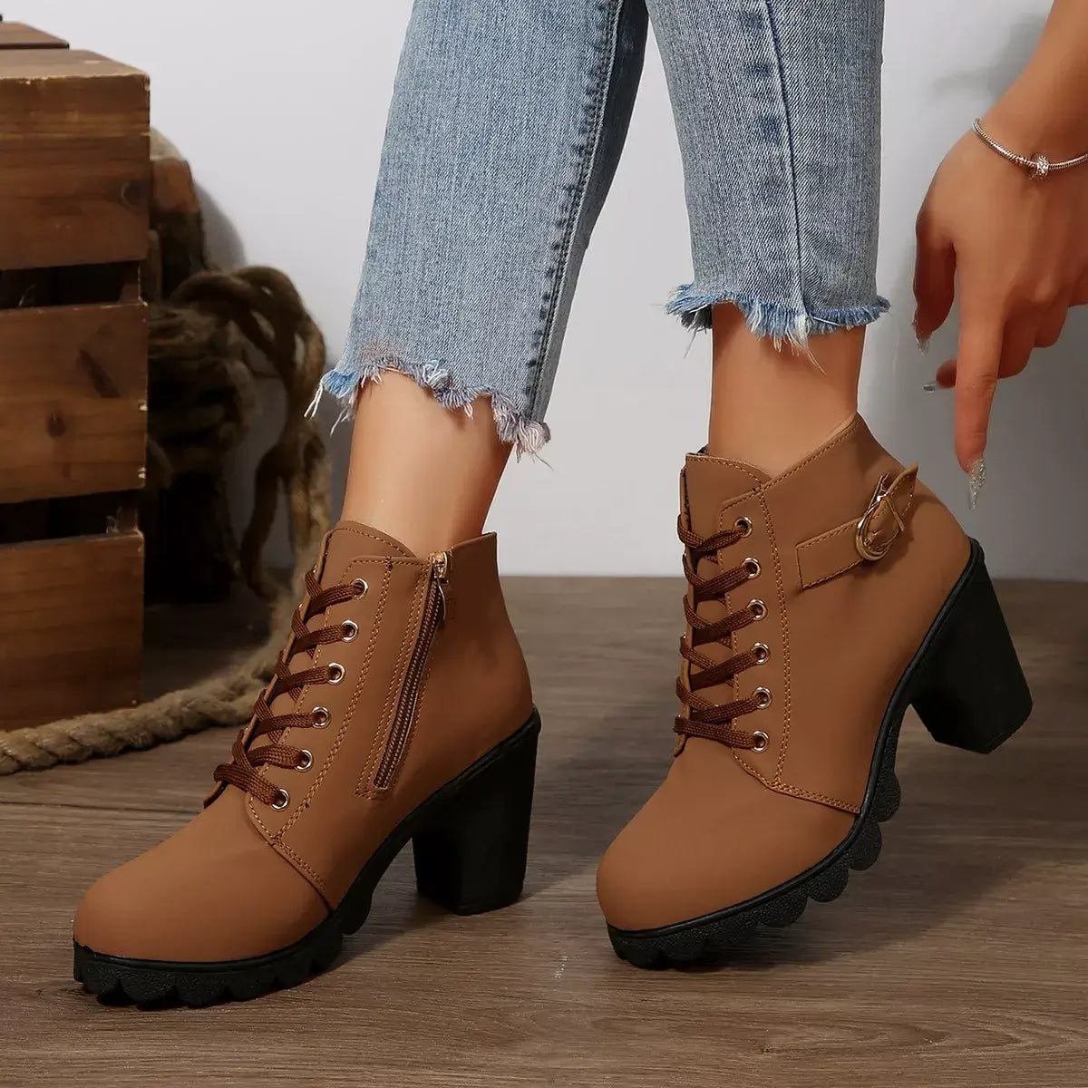 Lace Up Block Heels Boots - Trendsi - Flyclothing LLC