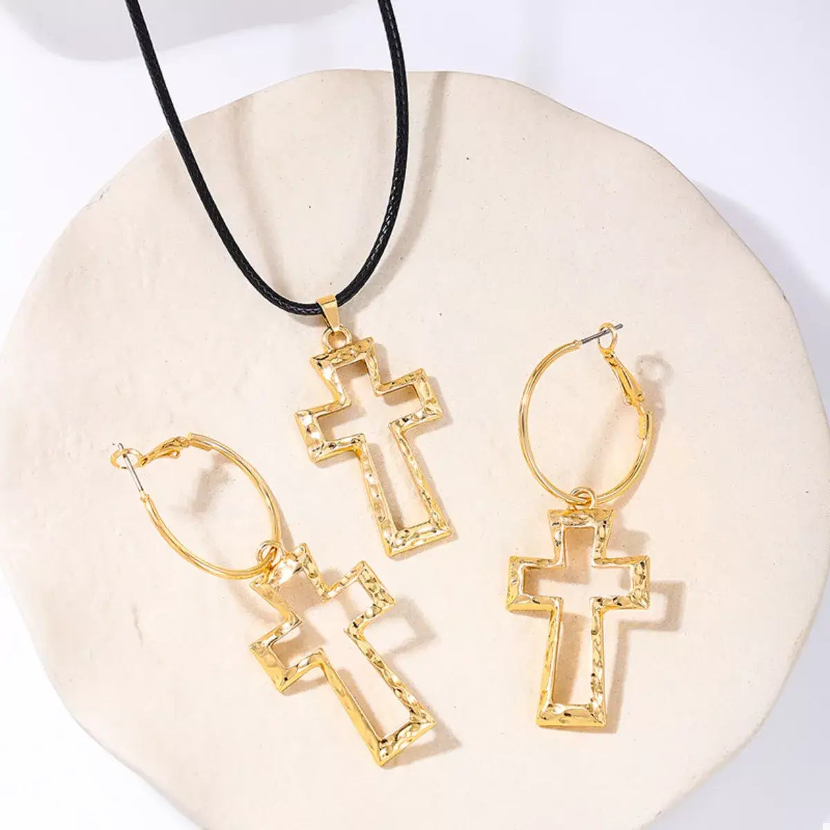 Cross Pendant Necklace & Hoop Earrings Jewelry Set - Trendsi - Flyclothing LLC