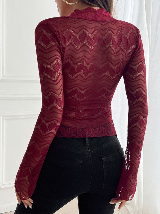 Devine Plunge Long Sleeve Lace Top - Trendsi